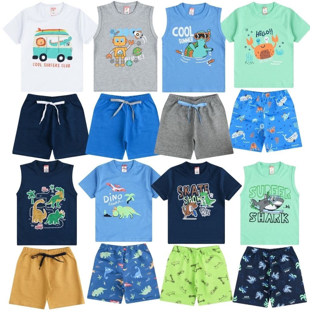 Kit Sortido 10 Peças de Roupas Infantil Menino- 5 Camisetas + 5 Bermudas - Promoção - Kit com 5 Conjuntos de Roupa Infantil Menino