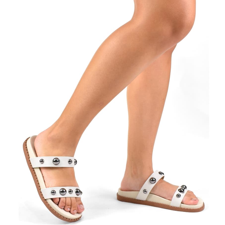 Sandália Birken Feminina Off White Pedraria Moda Verão Papete Rasteira Conforto e Estilo Branca mulher