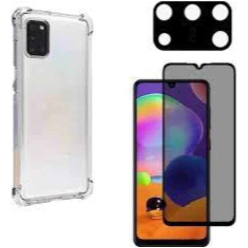Kit 3x1 Samsung Galaxy A31- Capa Silicone + Película CERÂMICA PRIVACIDADE 9D + Película de câmera