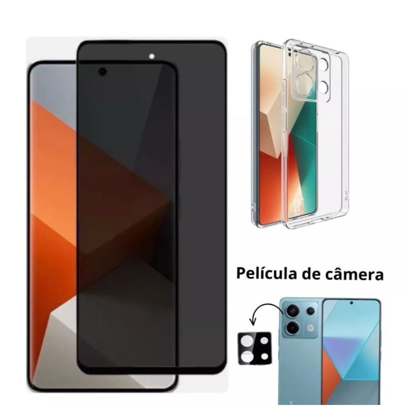 Kit 3x1 Xiaomi Redmi Note 13 Pro 5G- Capa Silicone + Película CERÂMICA PRIVACIDADE + Película câmera
