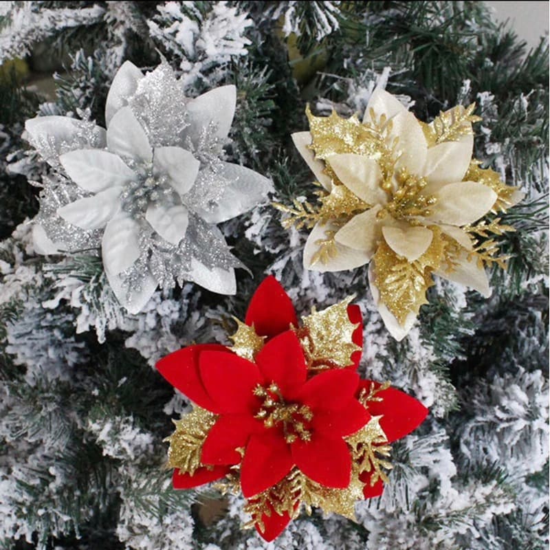 kit 5 Flores De Natal Artificiais Glitter Falsas Flores Artificiais Decoração Árvore De Natal