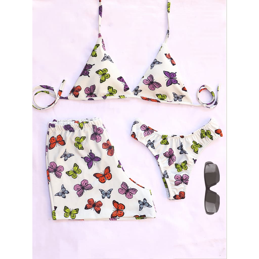 Conjunto Feminino KIT Trio Biquíni Asa Delta Suplex Estampado - Biquíni Com Bojo calcinha e Short