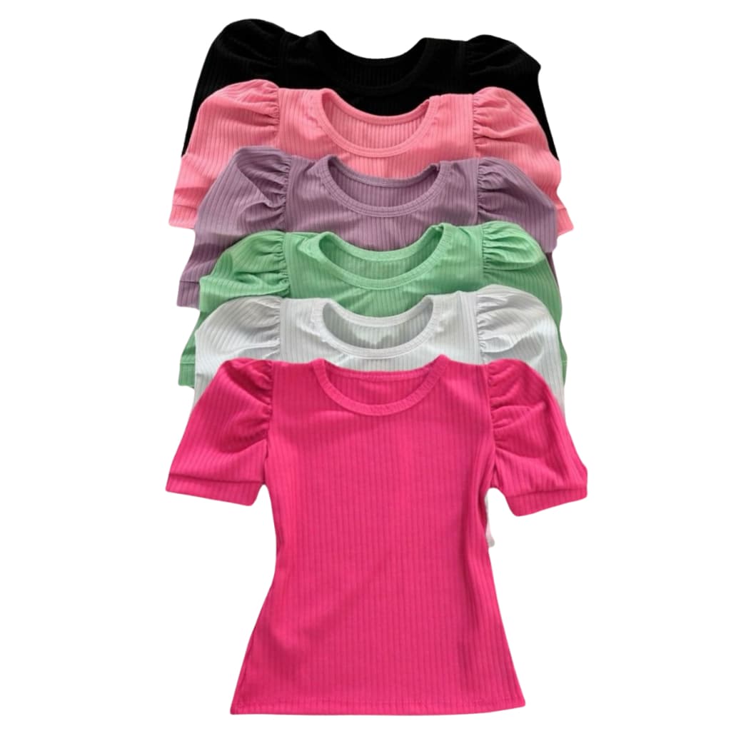 Kit 3 Blusinha Infantil menina manga princesa curta CORES SORTIDAS