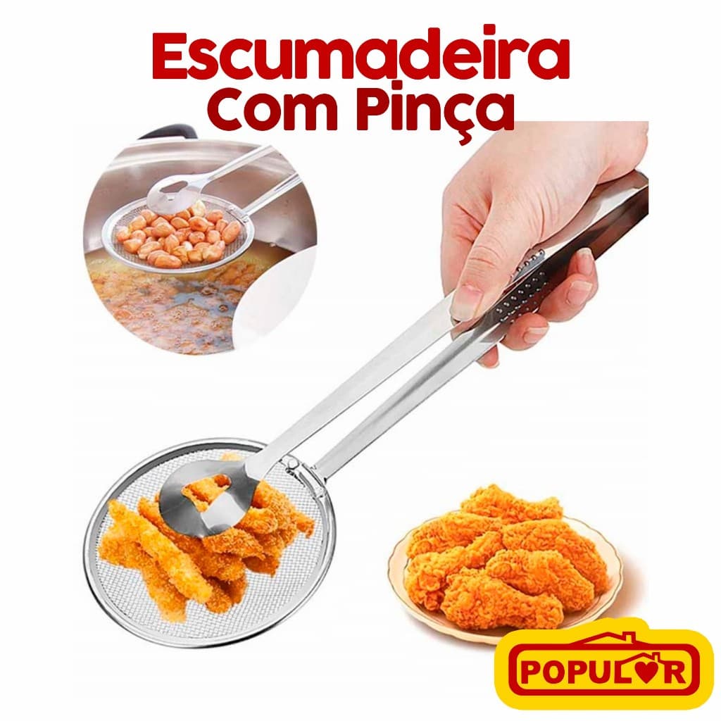 Escumadeira com Pinça em Aço Inox 28,5cm