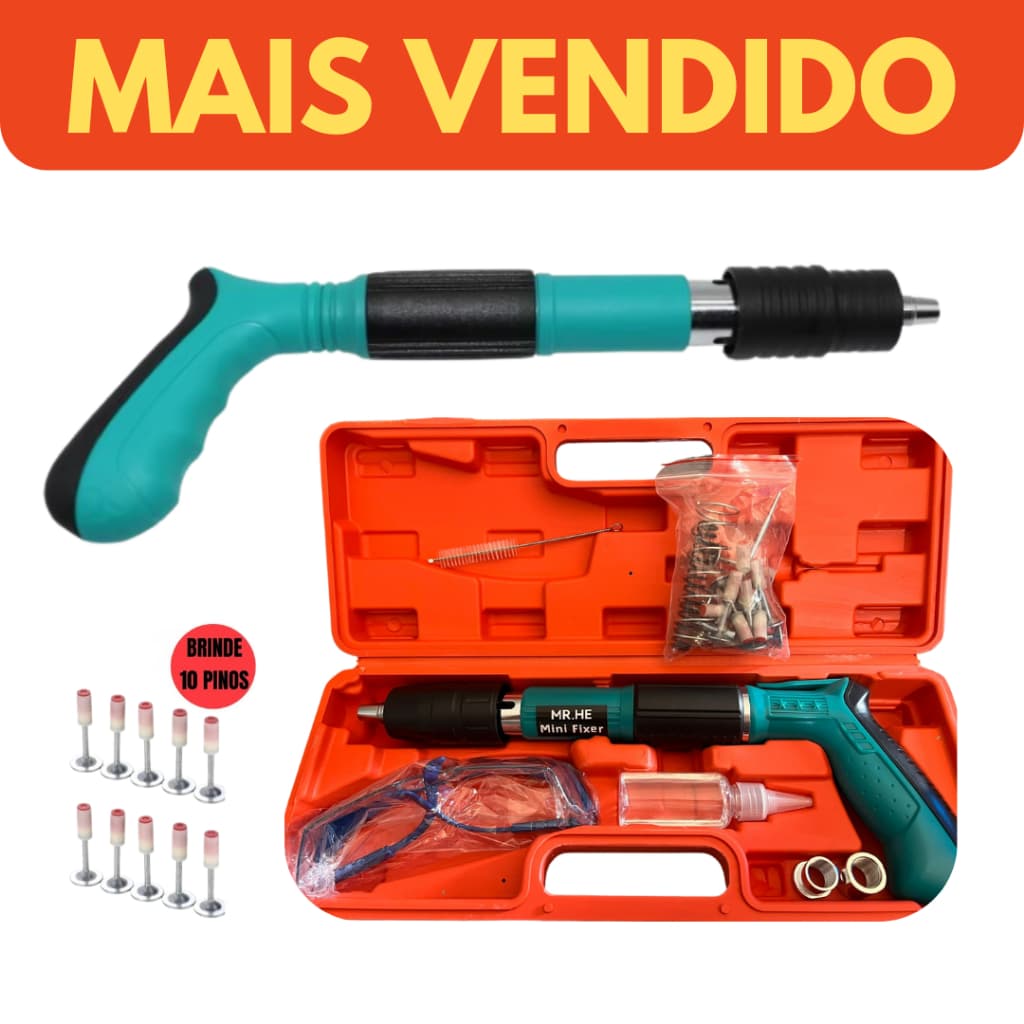 Pistola De Fixação De Ação Direta Finca Pinos + 10 Pinos Drywall Gesso Concreto Madeira Aço