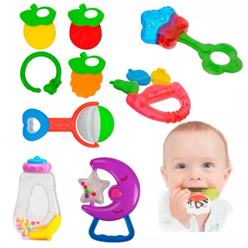 Conjunto de 5 Chocalhos e mordedor para Bebê, Brinquedo para Crianças de 0 a12 Meses, sensorial bebe