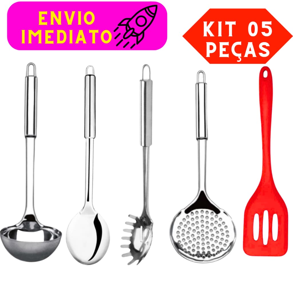 Kit 5 Peças Utensílios de Cozinha em Aço Inox Concha Escumadeira Colher Arroz Espátula Silicone