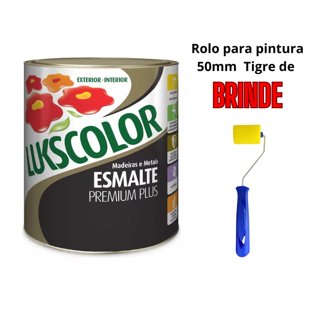 Tinta Esmalte Sintetico Brilhante e fosco madeiras e metais  Cores 900ml Lukscolor + BRINDE Rolo 50mm Tigre