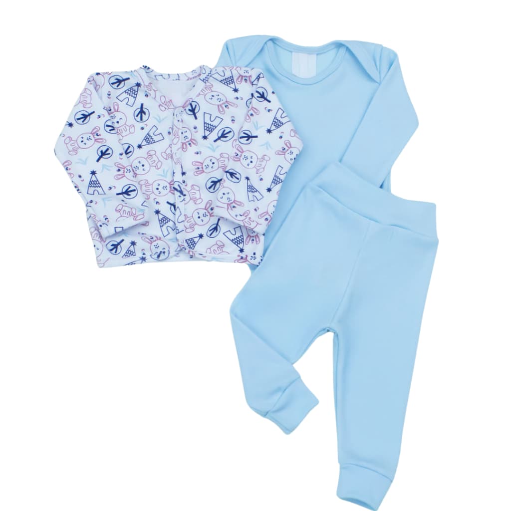 Conjunto Roupas de Bebê Recém Nascido Menino Azul Bb Malha Canelada 100% Algodão Macio e Confortável