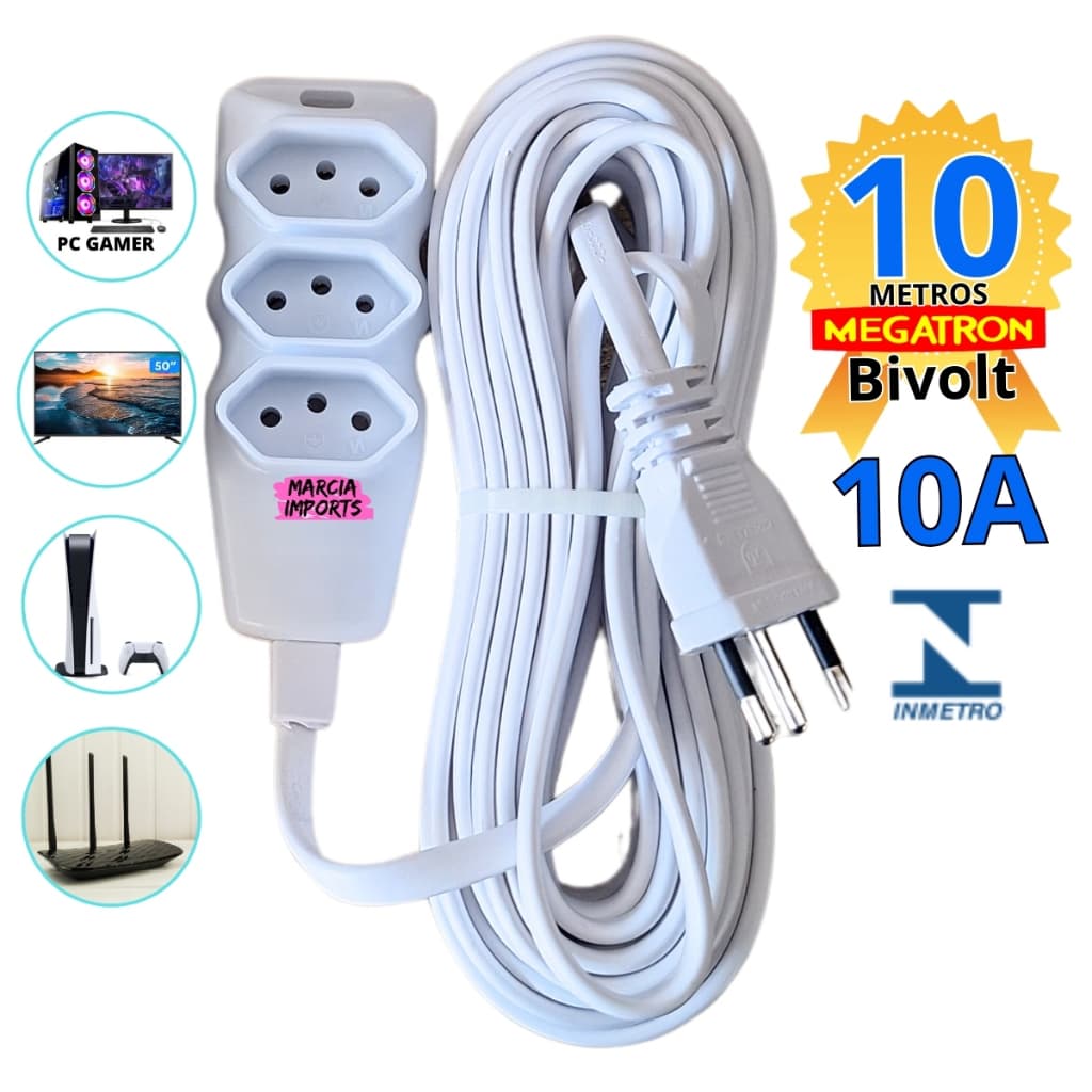 Extensão Eletrica Bivolt Branco 3 Tamanhos de cabo 10A Extensão de Energia Tripolar Megatron