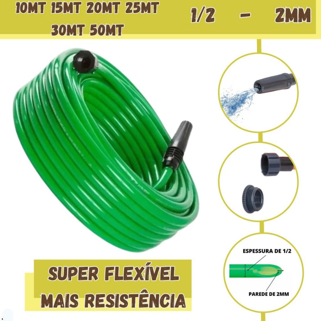 Mangueira De Jardim Super Flexível Quintal Reforçada 2mm  C/Esguicho Regulagem Multiuso Atitorção