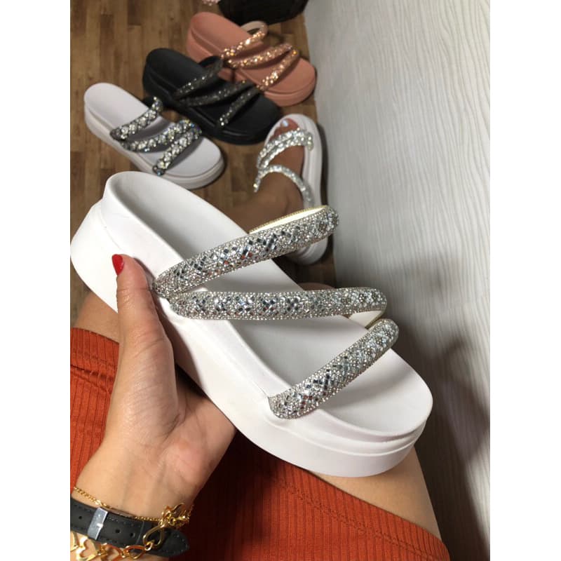 Papete Birken Plataforma Alta Sandália Feminina Flatform 3 Tira Z Strass Luxo Branca Preto Caramelo