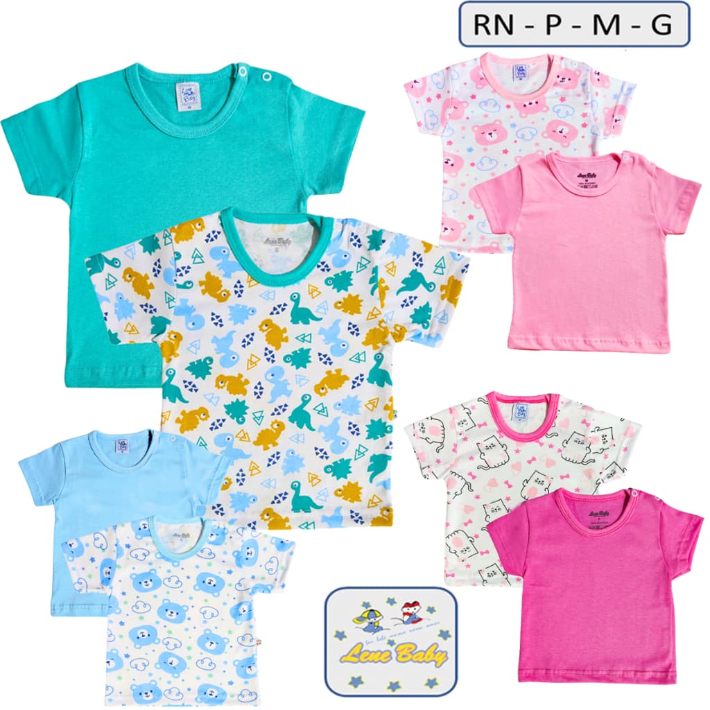 Kit com 02 Camisetas Manga Curta  1 Lisa 1 Estampada RN P M G  100% Algodão Penteado Lene Baby