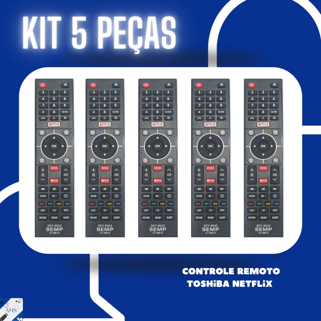 Kit 5 peças controle remoto compatível Toshiba Netflix 9043