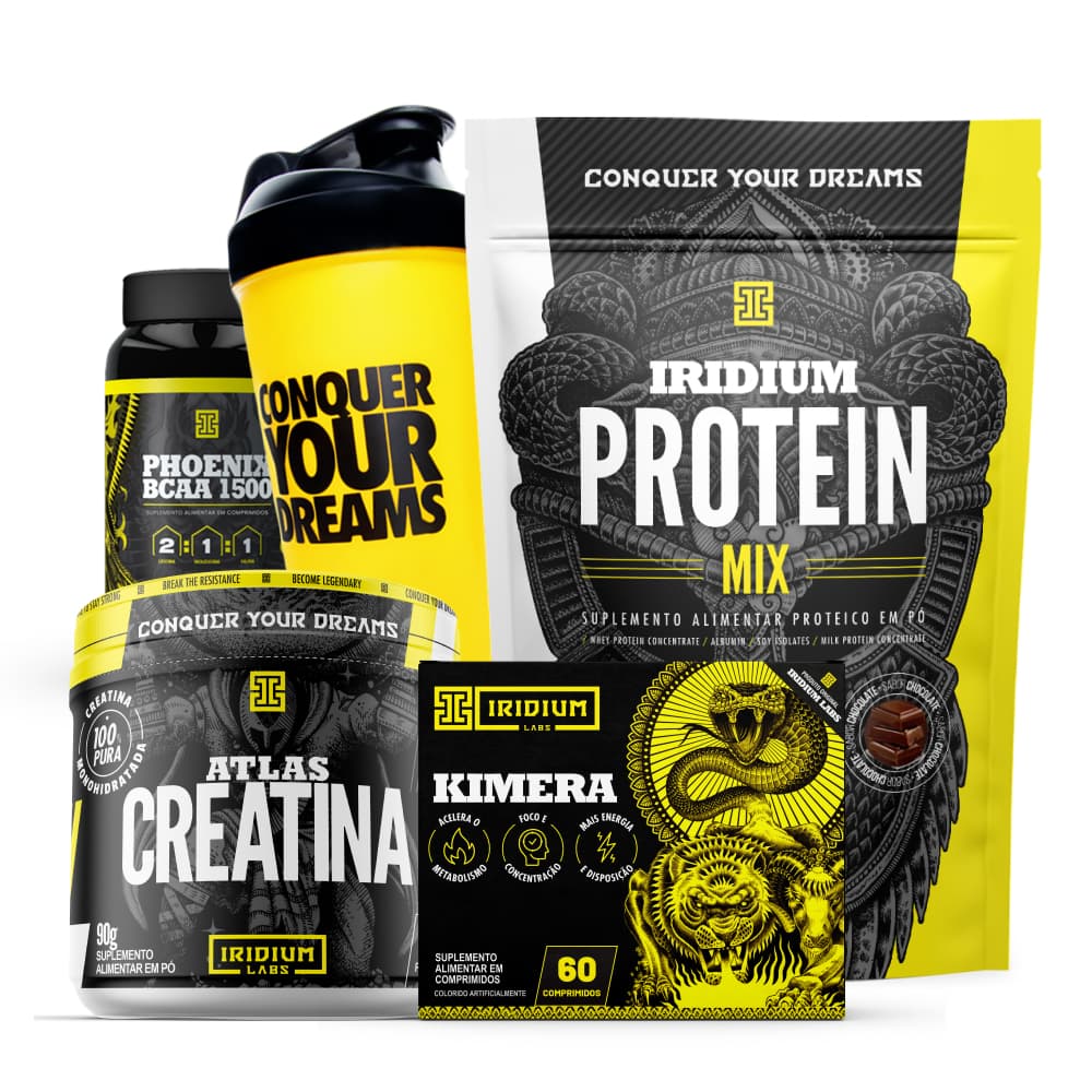Kit Iridium Whey Protein Mix e Kimera Thermo e Creatina e BCAA e Coqueteleira Copo Único