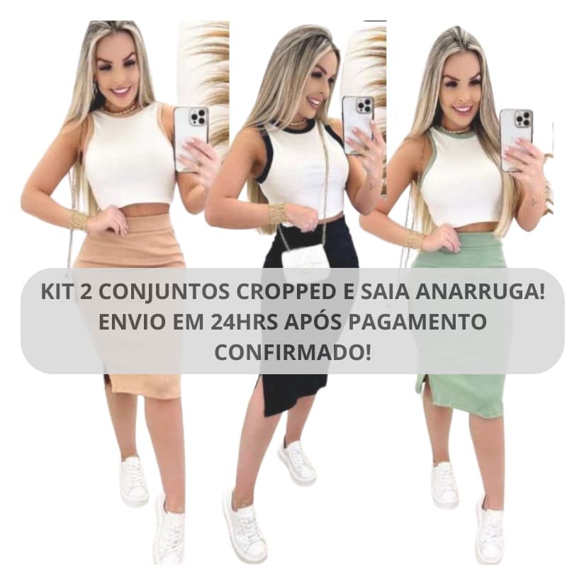 Kit 2 Conjuntos de Cropped e Saia Midi Tecido Ribana