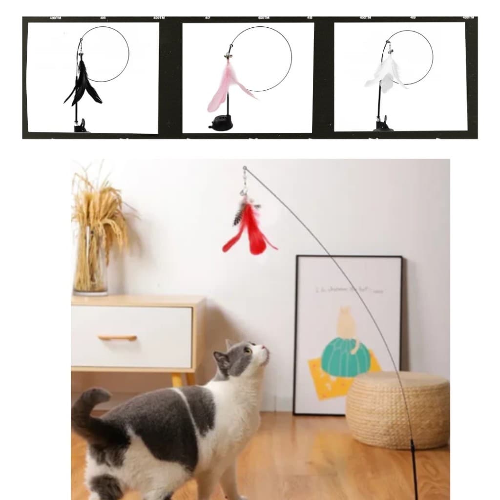 Brinquedo Interativo Varinha Pena Com Ventosa Que Fixa No Chão Para Gatos Adultos e Filhotes