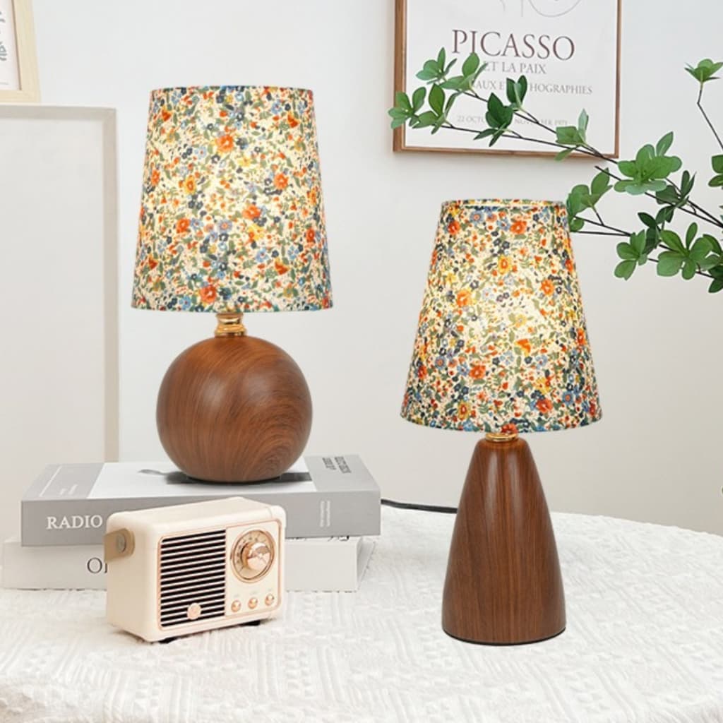 Abajur Luminária De Mesa Nogueira Floral Estilo Madeira Cabeceira Quarto Sala Estudo Leitura