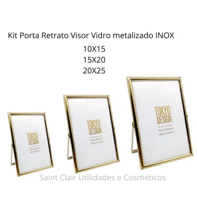 Porta Retrato Pé metal Espelhado Dourado Ou Prata Vidro 15x20 ou 20x25 ou 10x15