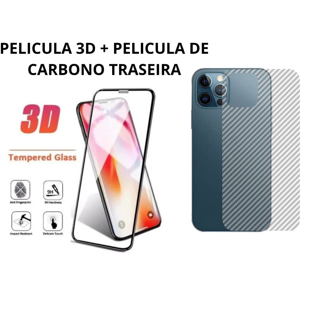 combo Película de Vidro Temperado 3D + Película Skin Traseira Carbono Todos os modelos iphone