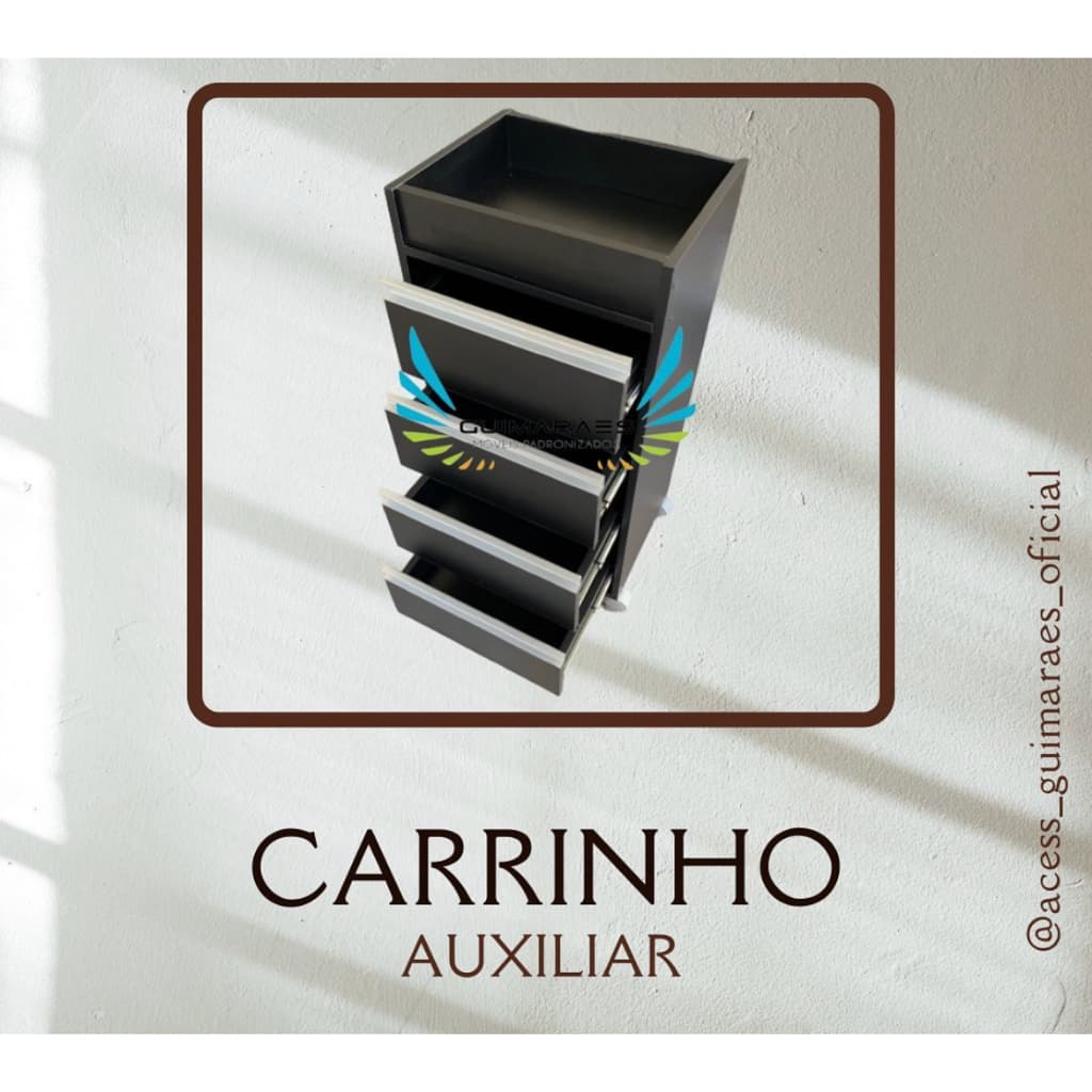 Carrinho Auxiliar Preto, JA ENVIAMOS MONTADO, Gaveteiro puxador cinza