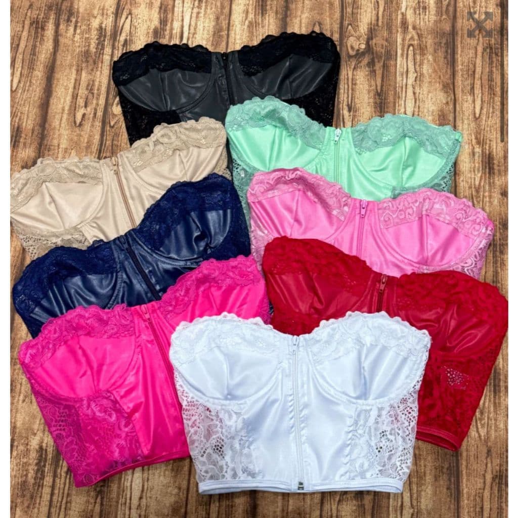 Blusa Cropped feminino tomara que caia  top Corselet Zíper em cirrê acetinado com renda e aro de sustentação