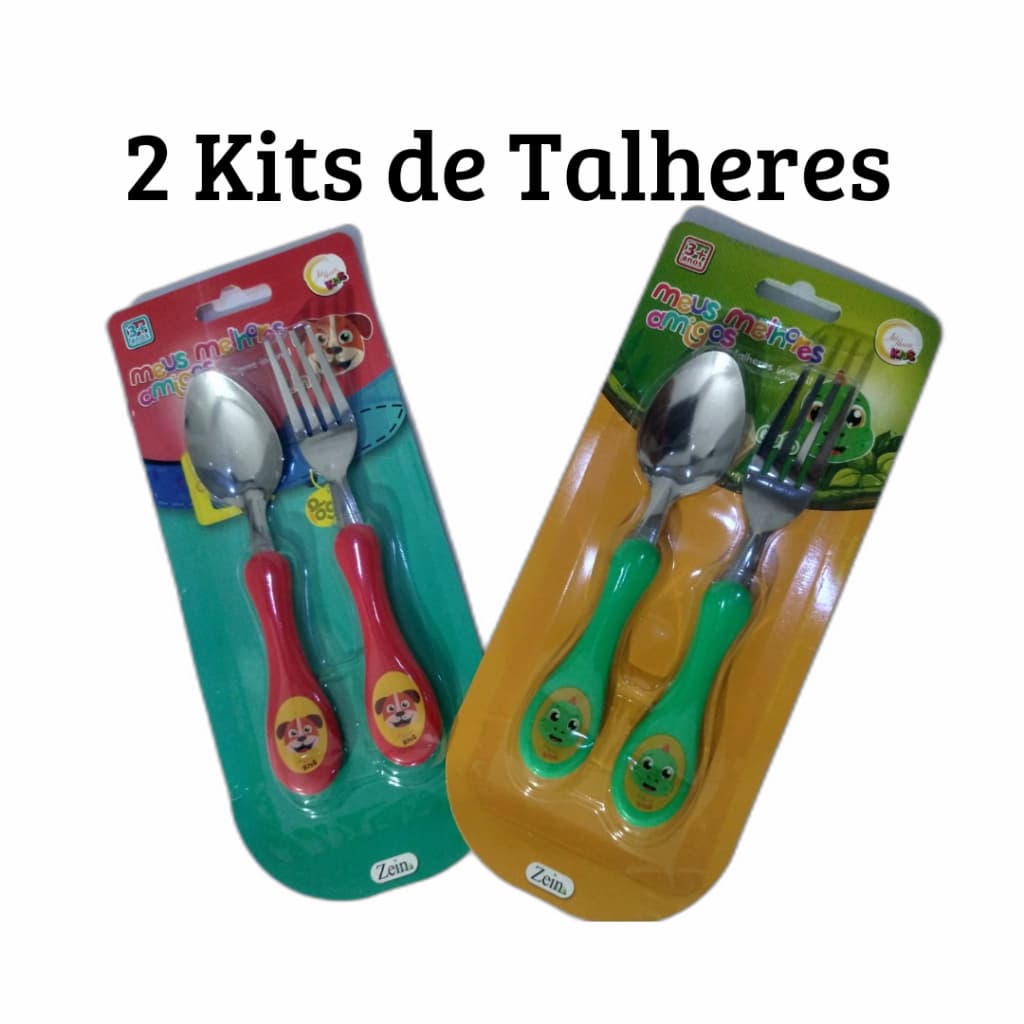 2 Kits Talher Alimentação Infantil Bebê Menino 2 Garfo E 2 Colher