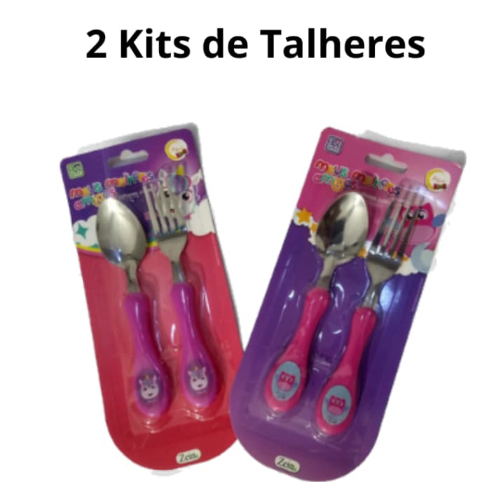 2 Kits Talher Rosa Alimentação Infantil Bebê Menina 2 Garfo E 2 Colher