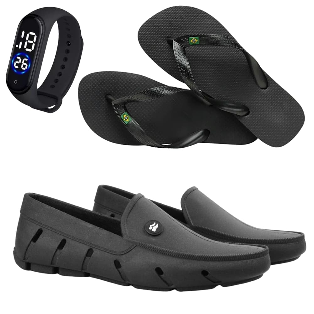 Sapatilha Mocassim Masculina Para Pesca + Chinelo Sandalia Havaiana Masculino + Relogio Exclusivo