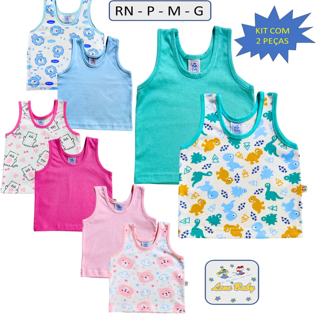 Kit com 02 Camisetas Regata ( 1 lisa 1 Estampada ) Lene Baby