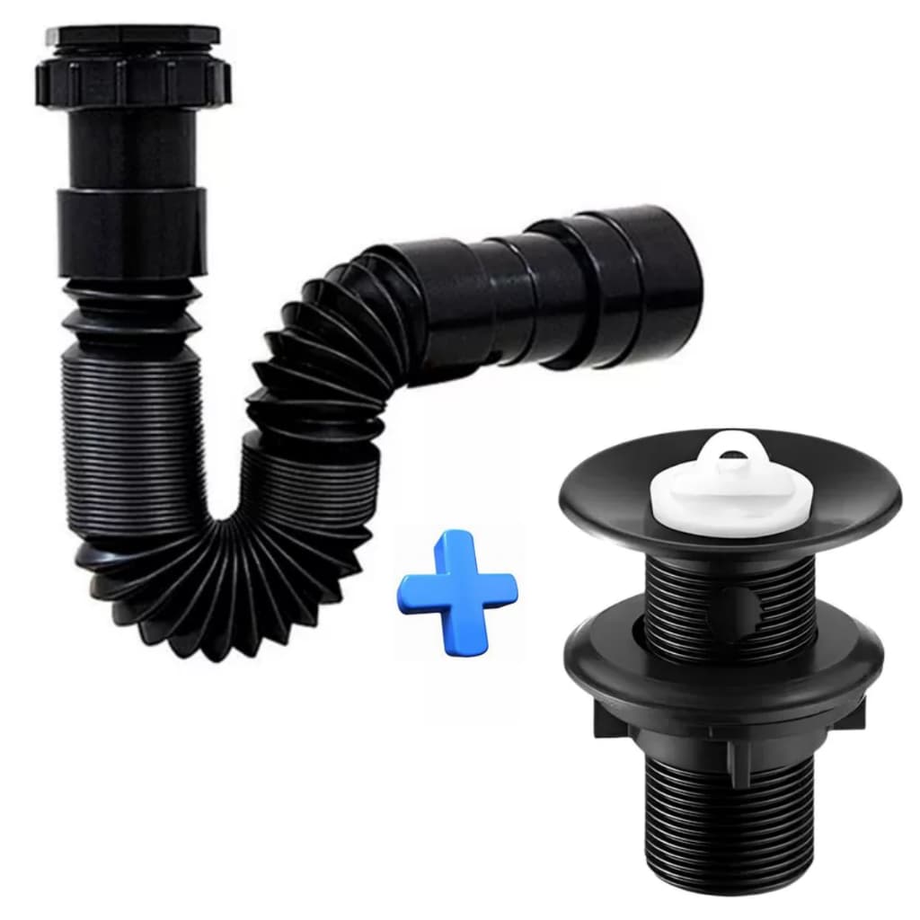 Sifão Sanfonado Preto + Válvula Para Pia Lavatório Banheiro Lavabo Cuba Tanque Pia de Cozinha Cifão pia Cifrão Sifrão