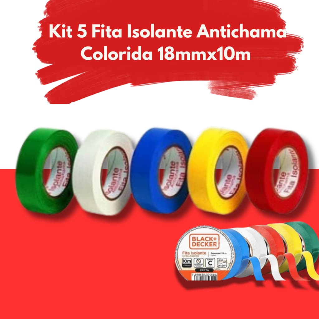 5 Fita Isolante Antichama Colorida 18mmx10m  Fitas Vermelha, amarelo,  azul verde e branca.