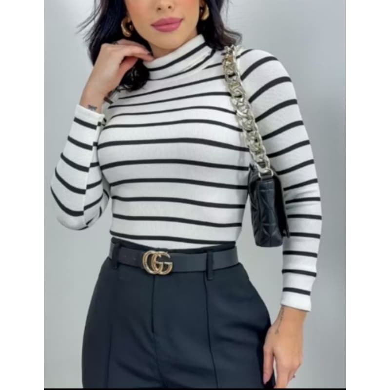 BLUSA GOLA ALTA LISTRADA FEMININA MANGA LONGA BLUSA DE FRIO BÁSICA INVERNO RIBANA DE ALGODÃO