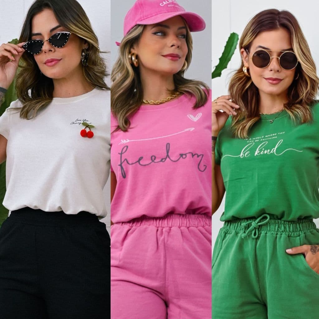 Blusa T-shirt Estonada Feminina 100% Algodão Estampada Manga Curta Gola Redonda - L1