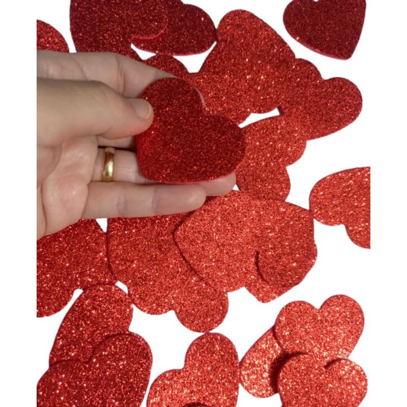 Pacote c/ apliques de coração de glitter de 5cm em EVA (Cor personalizada)