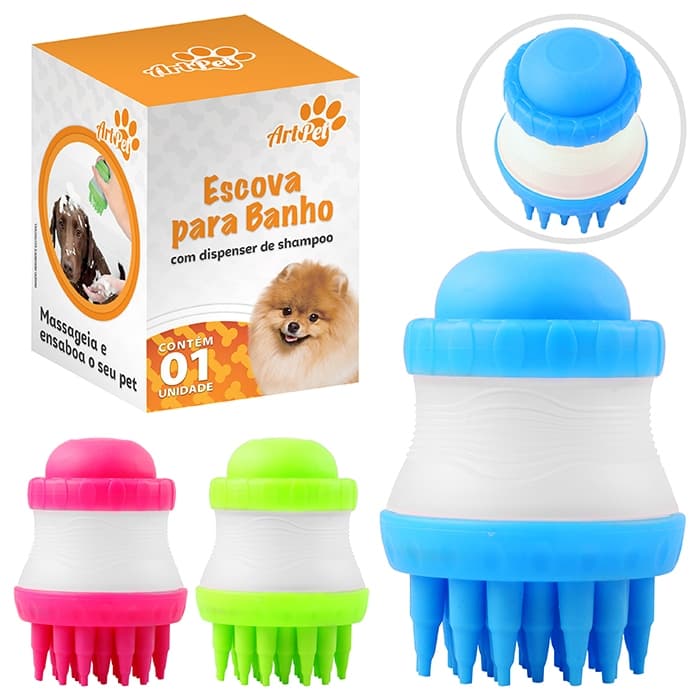 Escova Massageadora de Banho Pet Cães e Gatos Dispenser Shampoo - ArtPet