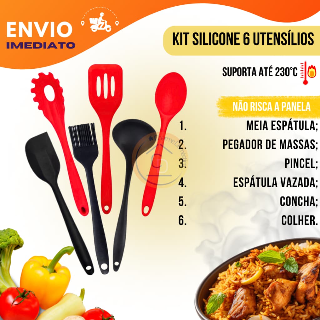 Kit De Utensílios De Cozinha Em Silicone De 6 Peças - Meia Espátula Pegador de Massas Pincel de Silicone Espátula Vazada