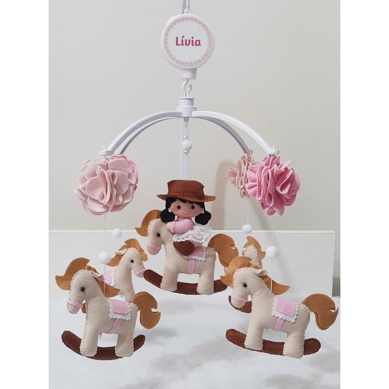Mobile para berço musical e giratório menina cavalinho cavalo rosa