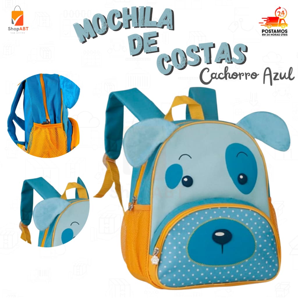 Mochila de Cachorro Escolar Infantil Com Alças Azul ou Vermelho Pets Animais