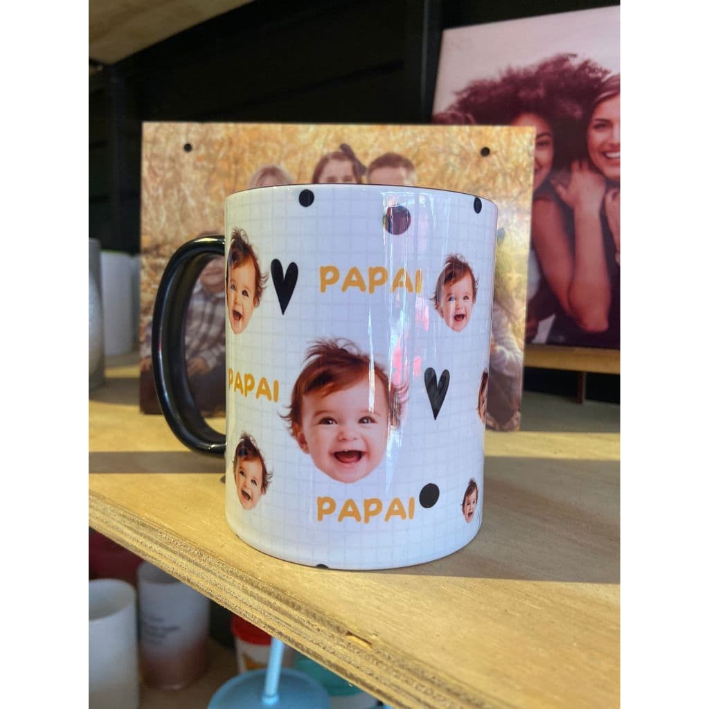 Caneca Cachorro Gato Pet Rosto Filho Bebê  3 FOTOS  Personalizada Nome - Alça Colorida Branca 325ml