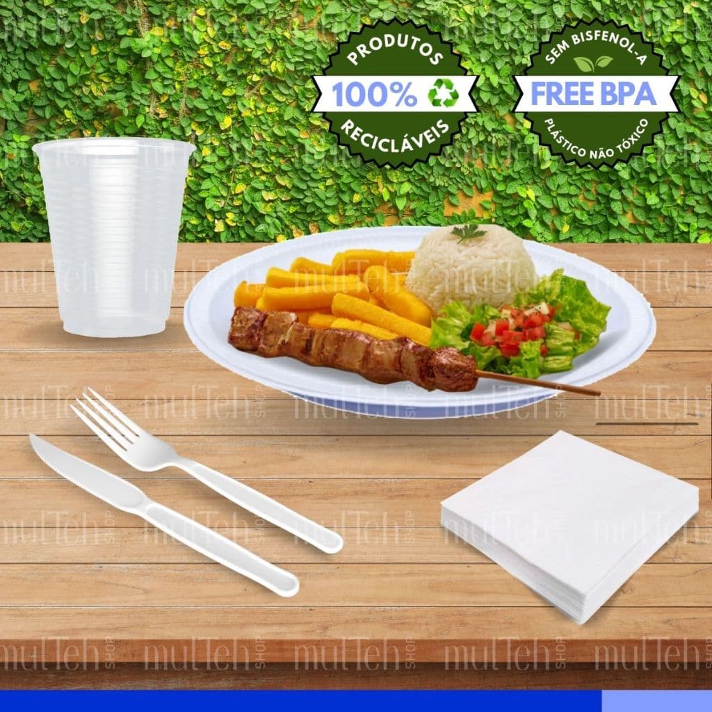 Prato Copo 300 ml Garfo Faca Guardanapo Descartáveis Refeição Churrasco Almoço Kit Econômico