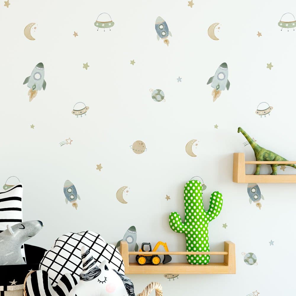 Adesivos de Parede Aquarela Infantil: Foguetes, Naves, Planetas, Lua e Estrelas