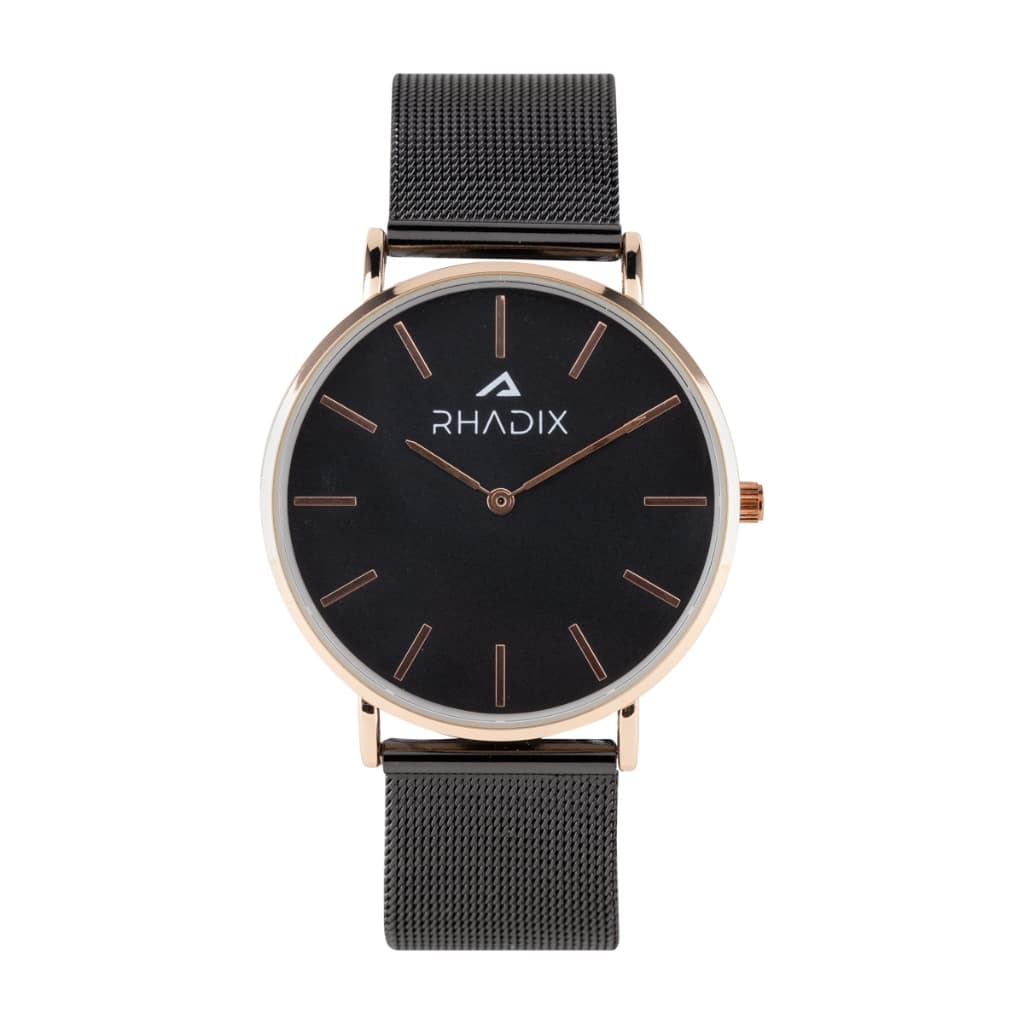 Relógio Masculino de Pulso Cor Preto Rosé Rhadix Fundo Preto Clássico Correia Preta Minimalista Combina Tudo