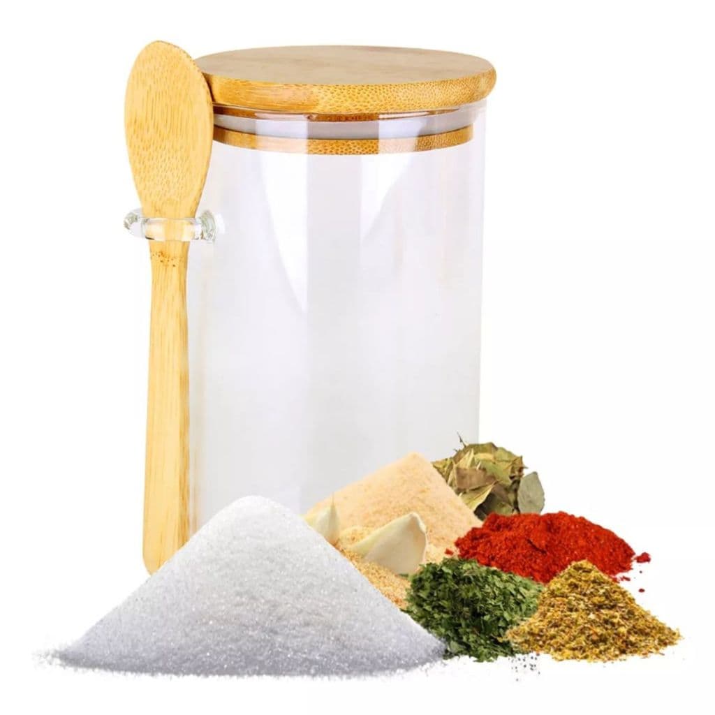 Pote De Vidro 690ml Redondo Tampa Bambu Hermético Com Colher Açucareiro De Vidro Saleiro