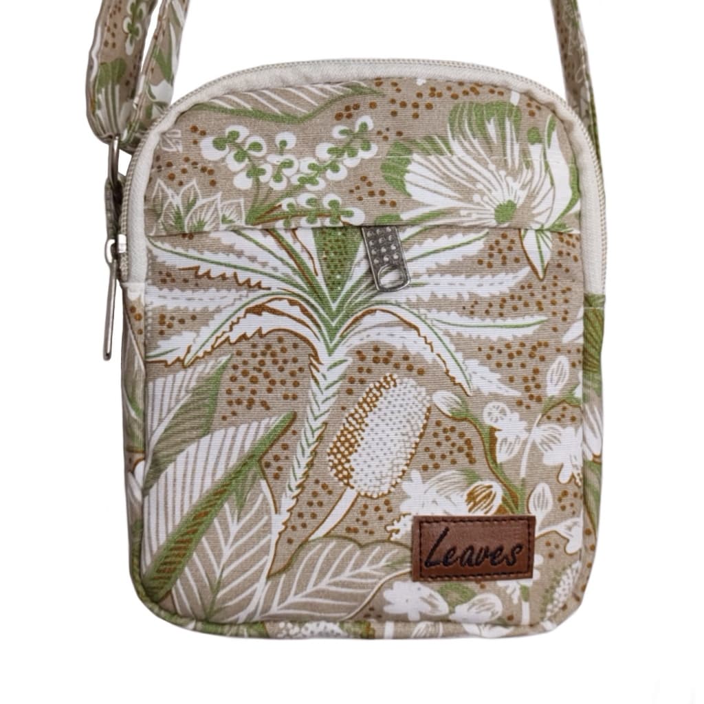 Bolsa de Ombro Shoulder Bag Estampado Bege e Verde Botânica