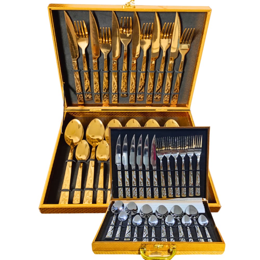 Kit Faqueiro Talheres Com Maleta 24 Peças Em Inox C/ Dourado