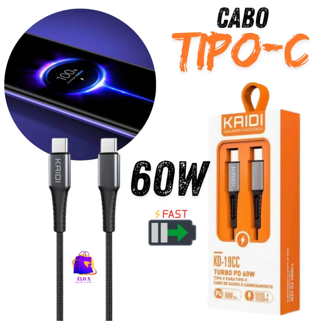 Cabo Turbo Kaidi 1 metro TipoC USBC Carga Rápida 60W Reforçado Cabo de Dados