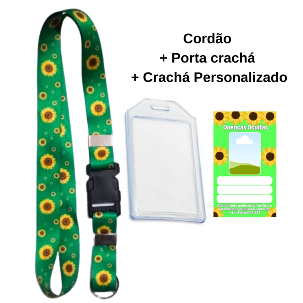 Kit Cordão girassol + Crachá doenças ocultas personalizado + porta crachá maleável