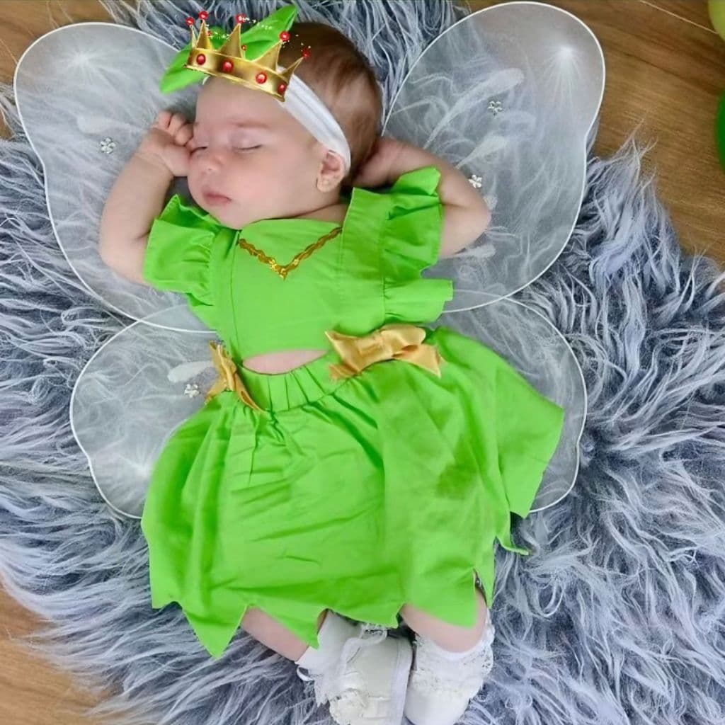 Romper Jardineira Sininho Tinker Bell com Lacinho Saia Roupa Bebê Menina Mesversário