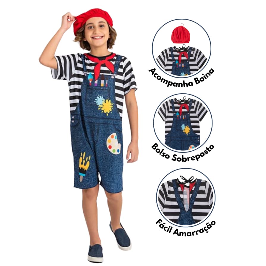 Fantasia Infantil de Pintor Profissional Menino Macacão Pintando o Sete Cosplay Pintura